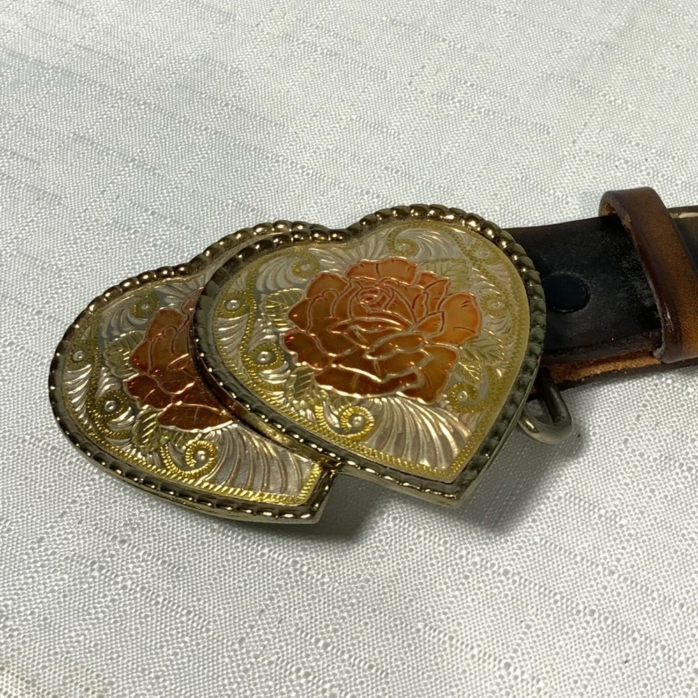 Western Brown Leather Monogrammed “Regina” Belt DBL Heart With Roses Buckle Sm